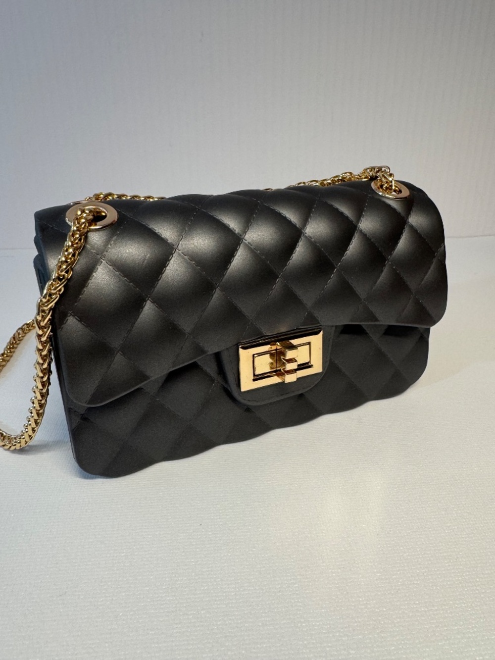 Grey Quilted Crossbody Bag Gold Chain Turn Lock Small Shoulder Purse Jelly